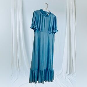 Blue Ruffled Tiered Maxi Sundress with Mock Neck